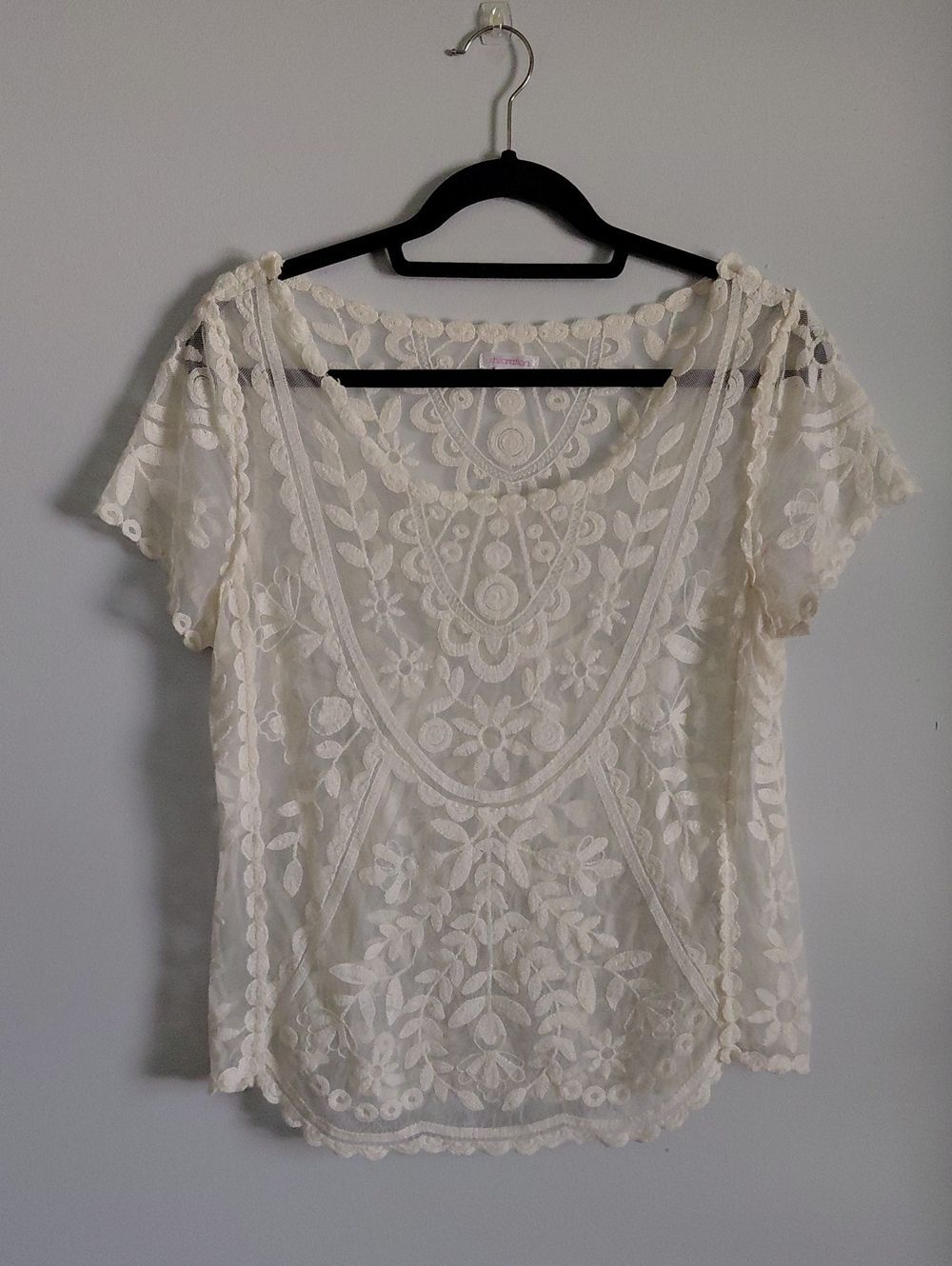 Sheer Lace Boho Embroidered Floral Short Sleeve Blouse Top Cream Country Cowgirl
